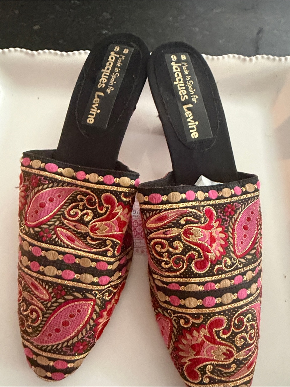 Jacques Levine Pink & Black Embroidered Slip-On Mules
